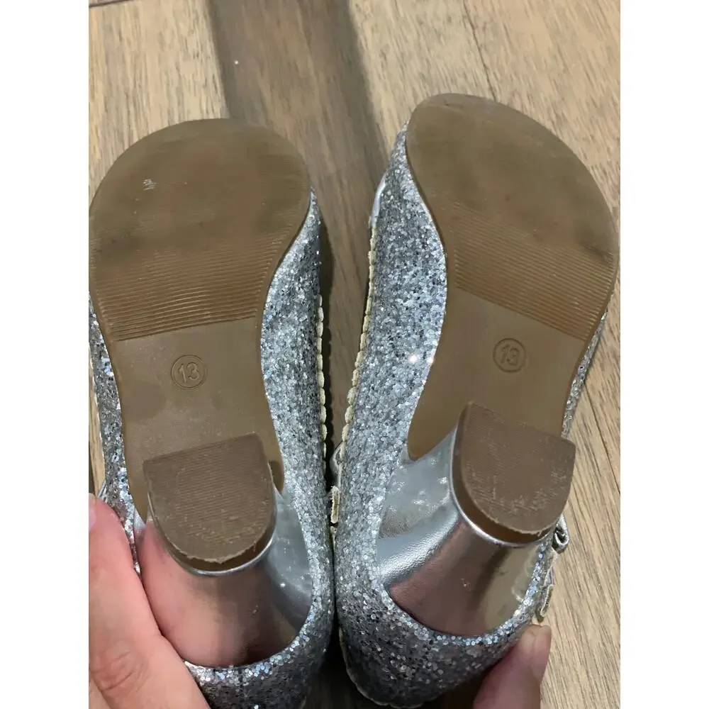 Laurmosa Girls Silver Glitter Mary Jane Shoes Size 13 Low Heel Bow Detail